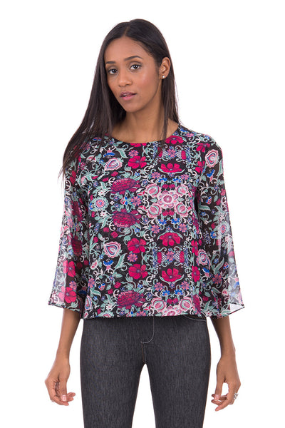 Black Blouse With Flower Design AVAILABLE IN PLUS SIZES