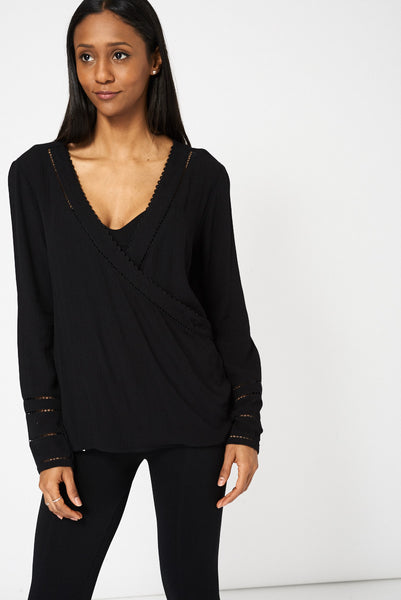 Black Embroidered Detail Twisted Front Top