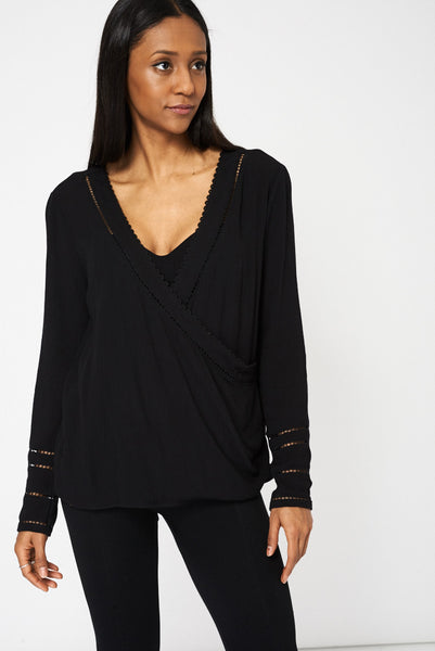 Black Embroidered Detail Twisted Front Top