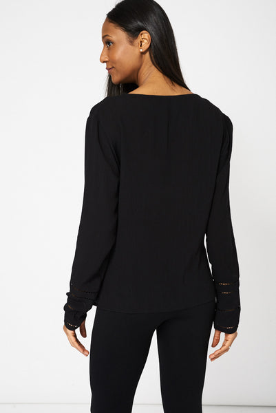 Black Embroidered Detail Twisted Front Top