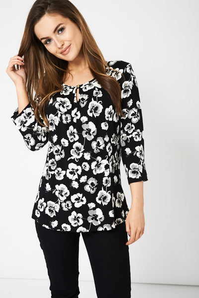 Black Floral Print Top Available In Plus Sizes