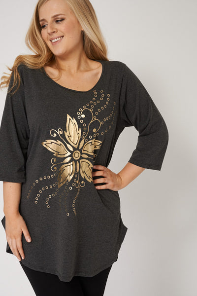 Grey Top With Curved Hem And Golden Design