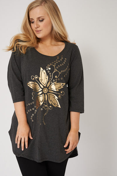 Grey Top With Curved Hem And Golden Design