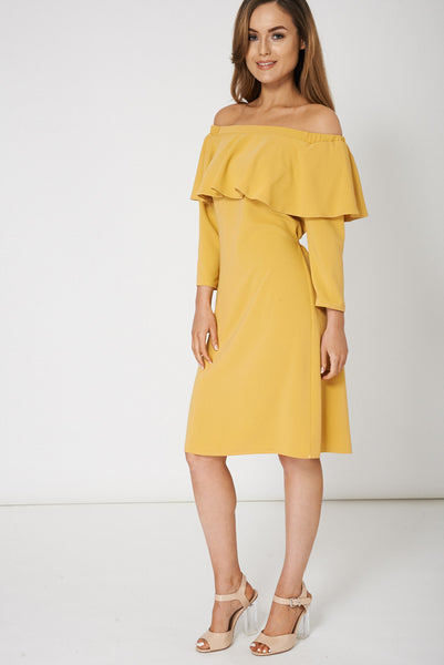 Yellow Frill Overlay Off Shoulder Dress