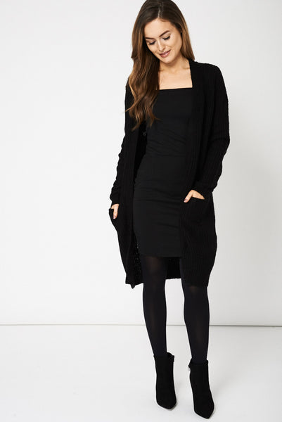 Black Knitted Open Front Cardigan With Pockets