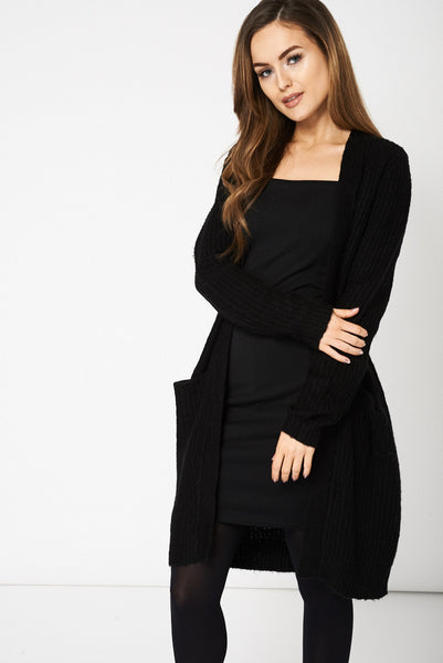 Black Knitted Open Front Cardigan With Pockets