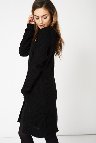 Black Knitted Open Front Cardigan With Pockets