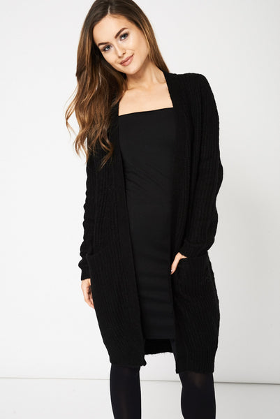 Black Knitted Open Front Cardigan With Pockets