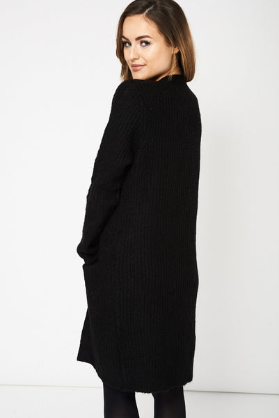 Black Knitted Open Front Cardigan With Pockets