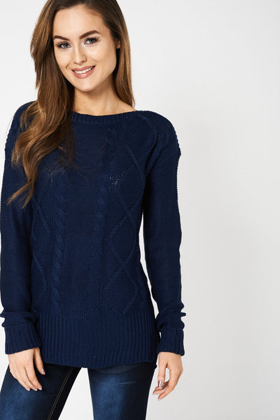 Navy Cable Knitted Jumper Ex-Branded Available In Plus Sizes