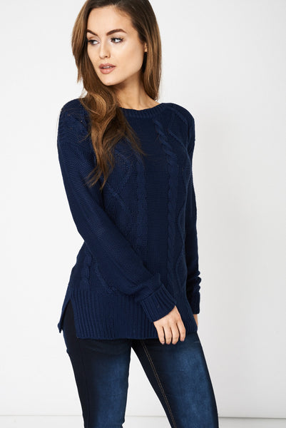 Navy Cable Knitted Jumper Ex-Branded Available In Plus Sizes