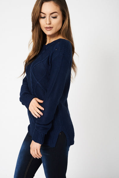 Navy Cable Knitted Jumper Ex-Branded Available In Plus Sizes