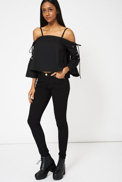 Black Bardot Top With Lace-Up Bell Sleeves