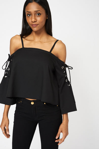 Black Bardot Top With Lace-Up Bell Sleeves