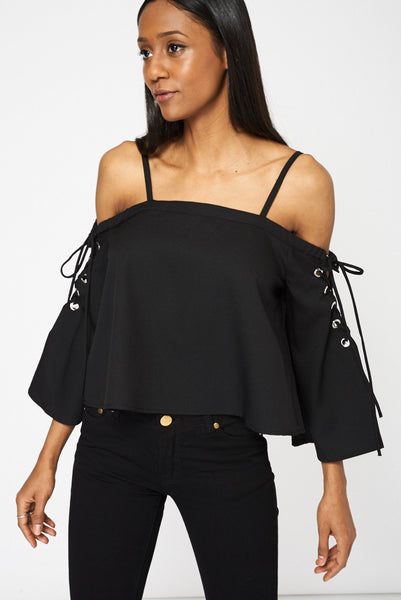 Black Bardot Top With Lace-Up Bell Sleeves