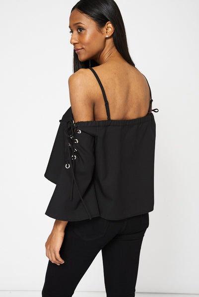 Black Bardot Top With Lace-Up Bell Sleeves