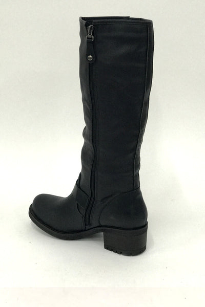 Black Leatherette Low Heel Boots With Patch And Buckle Detail