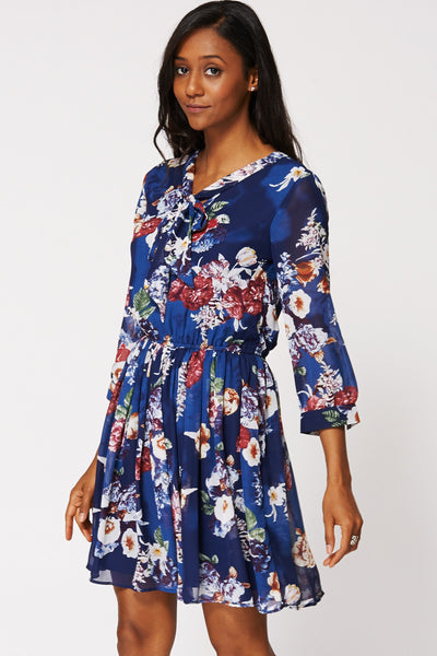 Long Sleeve Floral Dress With Neck Tie