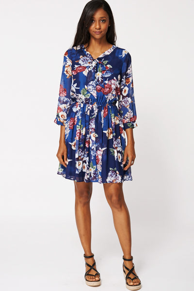 Long Sleeve Floral Dress With Neck Tie