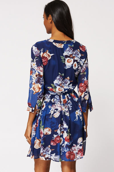 Long Sleeve Floral Dress With Neck Tie