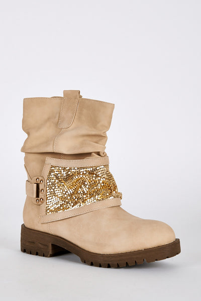 Gold Coloured Panel Beige Biker Boots