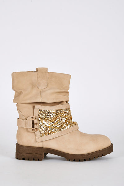 Gold Coloured Panel Beige Biker Boots