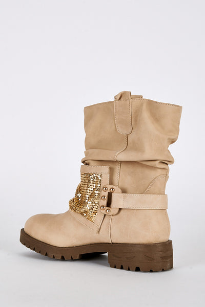 Gold Coloured Panel Beige Biker Boots