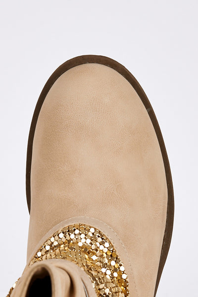 Gold Coloured Panel Beige Biker Boots