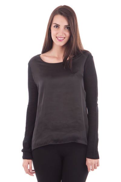 Dipped Hem Blouse with Knitted Sleeves