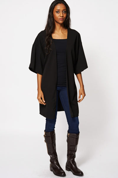 Black Textured Open Kimono Cardigan Ex-Branded