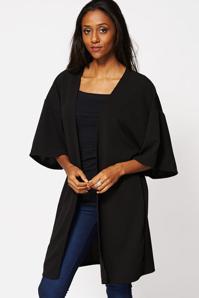 Black Textured Open Kimono Cardigan Ex-Branded