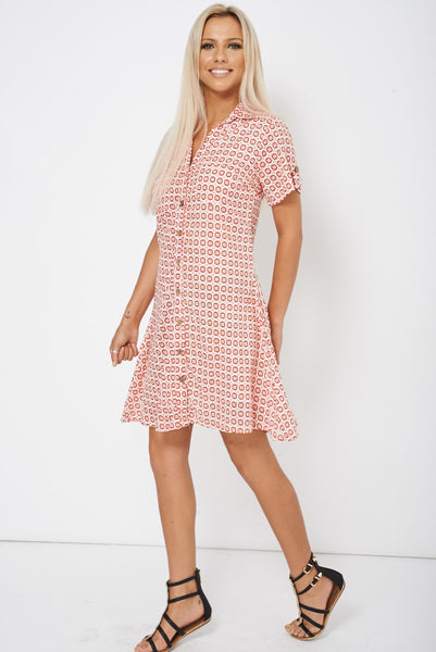 Red Abstract Button Up Sun Dress