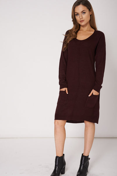 Burgundy Pocket Front Seam Detail Jumper Dress