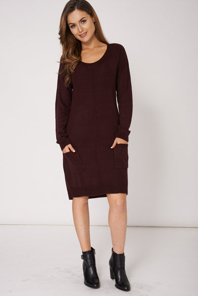 Burgundy Pocket Front Seam Detail Jumper Dress