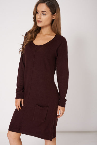 Burgundy Pocket Front Seam Detail Jumper Dress