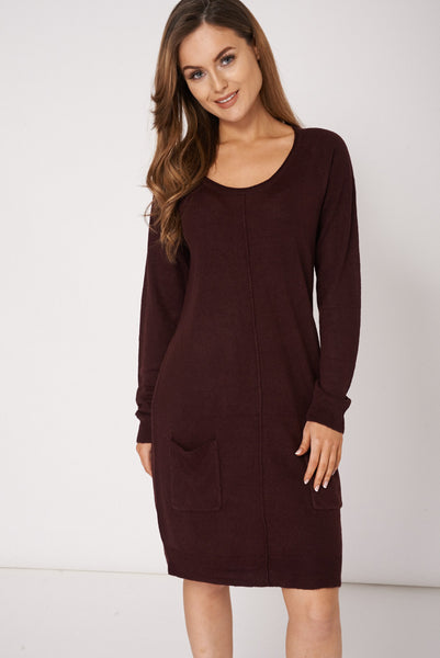 Burgundy Pocket Front Seam Detail Jumper Dress