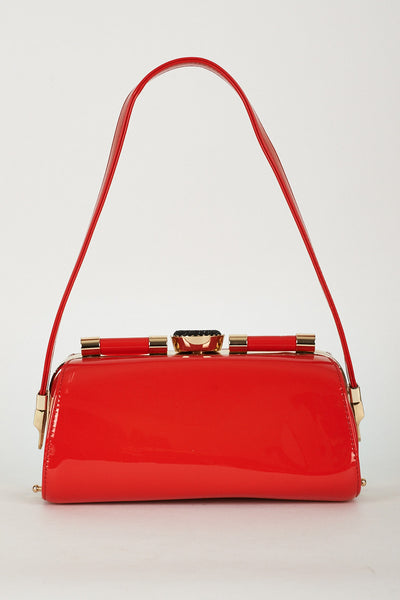 New Retro Patent Red Prom Clutch Bag With Golden Framing