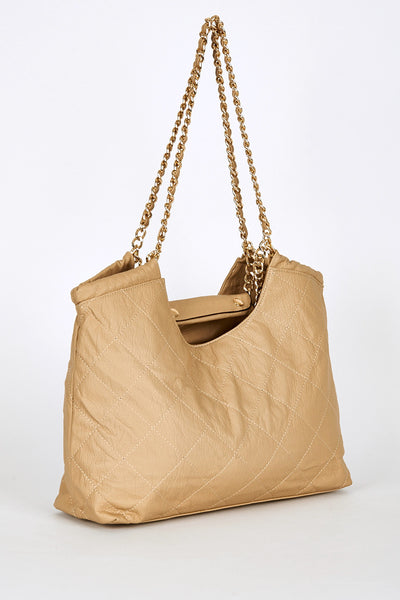 Quilted Chain Strap Shoulder Bag In Beige