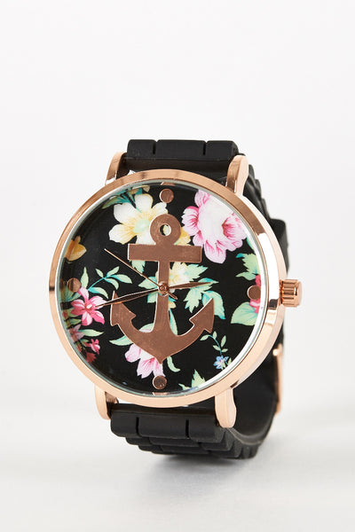 Floral And Anchor Design Silicon Strap Watch