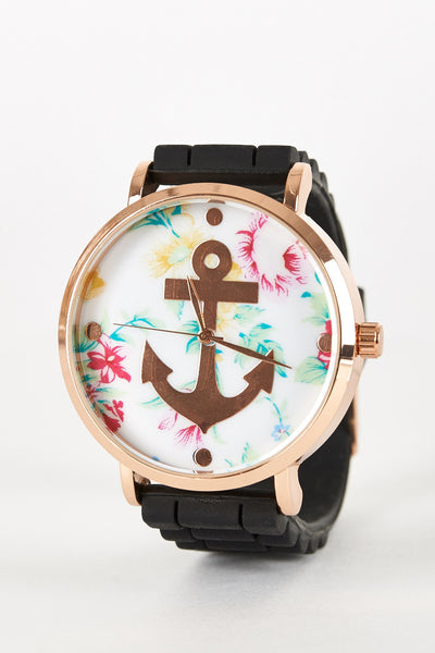 Floral And Anchor Design Silicon Strap Watch