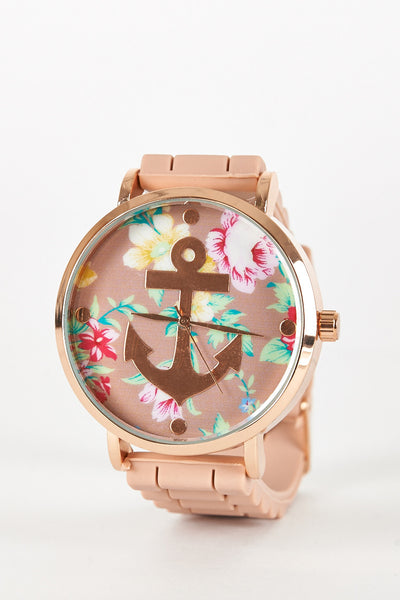 Floral And Anchor Design Silicon Strap Watch