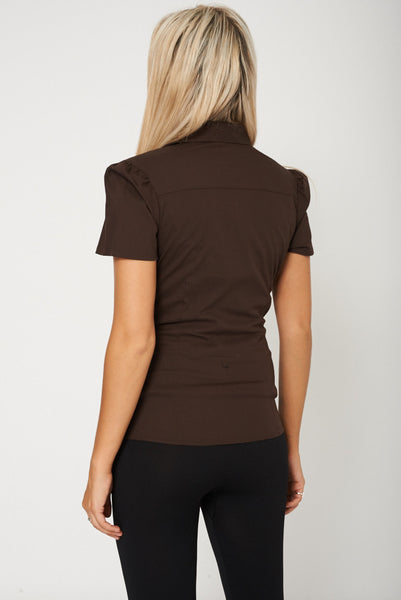 Brown Office Shirt With Tiny Ruffle Front Available In Plus Sizes