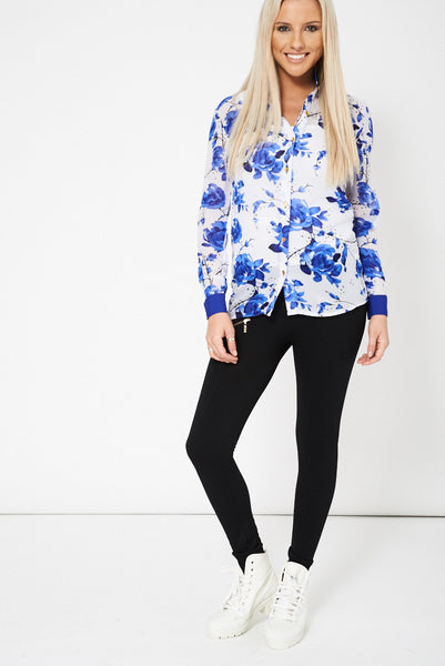 Blue Floral Pattern Chiffon Shirt With Camisole Top Ex-Branded