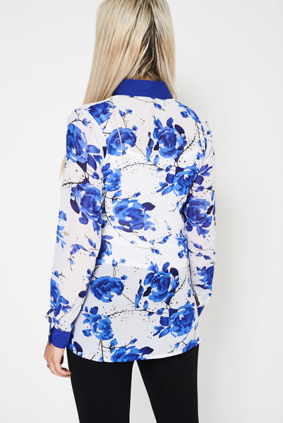 Blue Floral Pattern Chiffon Shirt With Camisole Top Ex-Branded