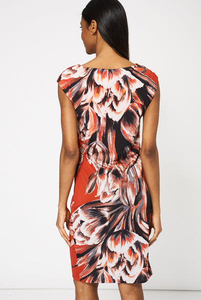 Burnt Orange Ruched Front Dress With Floral Print