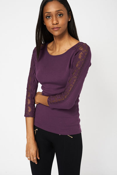 Purple Lace Detail Sleeve Top Ex-Branded