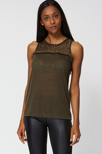 Green Sheer Lace Detail Vest Top Ex-Branded