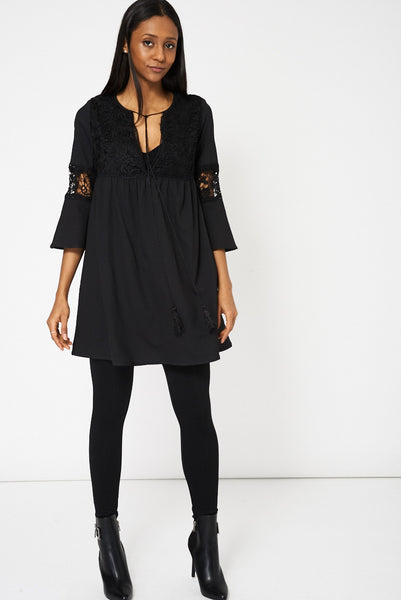 Black Babydoll Style Lace Detail Tunic Top