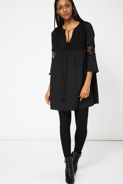 Black Babydoll Style Lace Detail Tunic Top