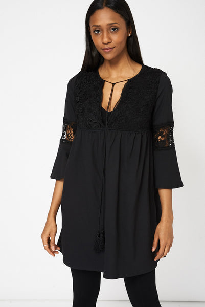 Black Babydoll Style Lace Detail Tunic Top